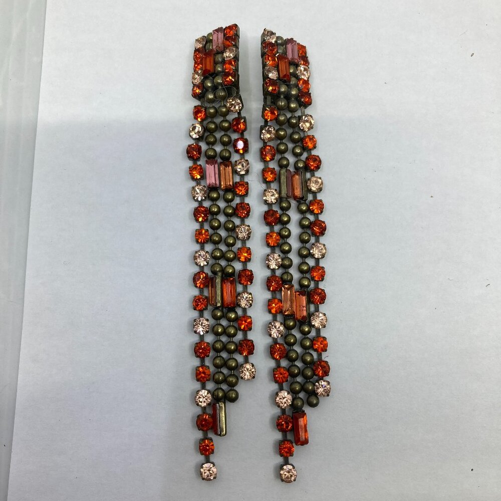 Vtg 4" long orange rhinestone brass tone dangle clip earrings